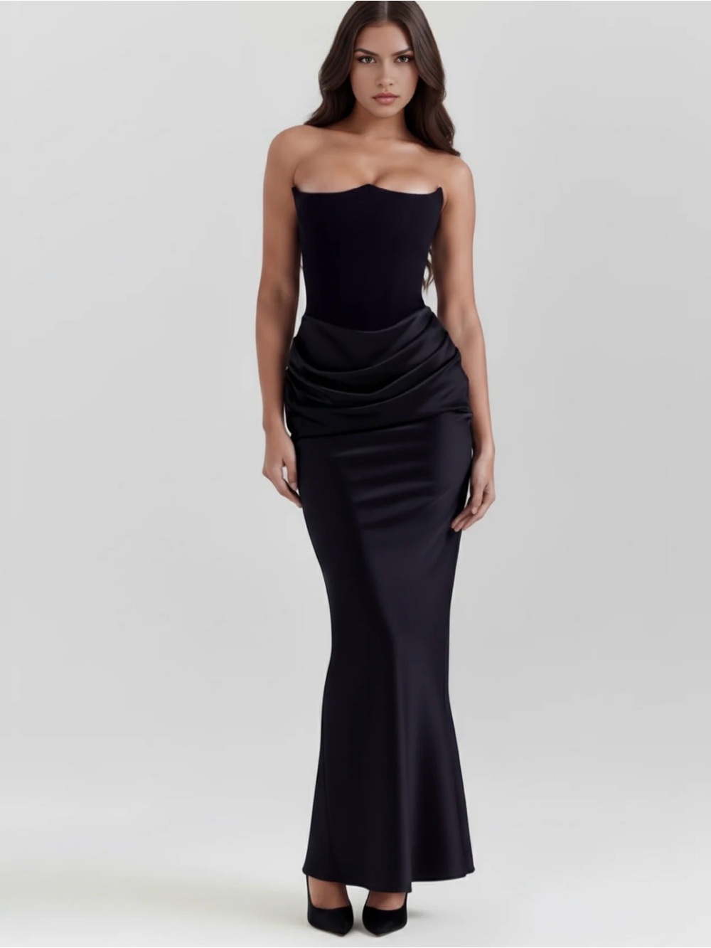 Strapless Black Satin Column Gown with Draped Waist